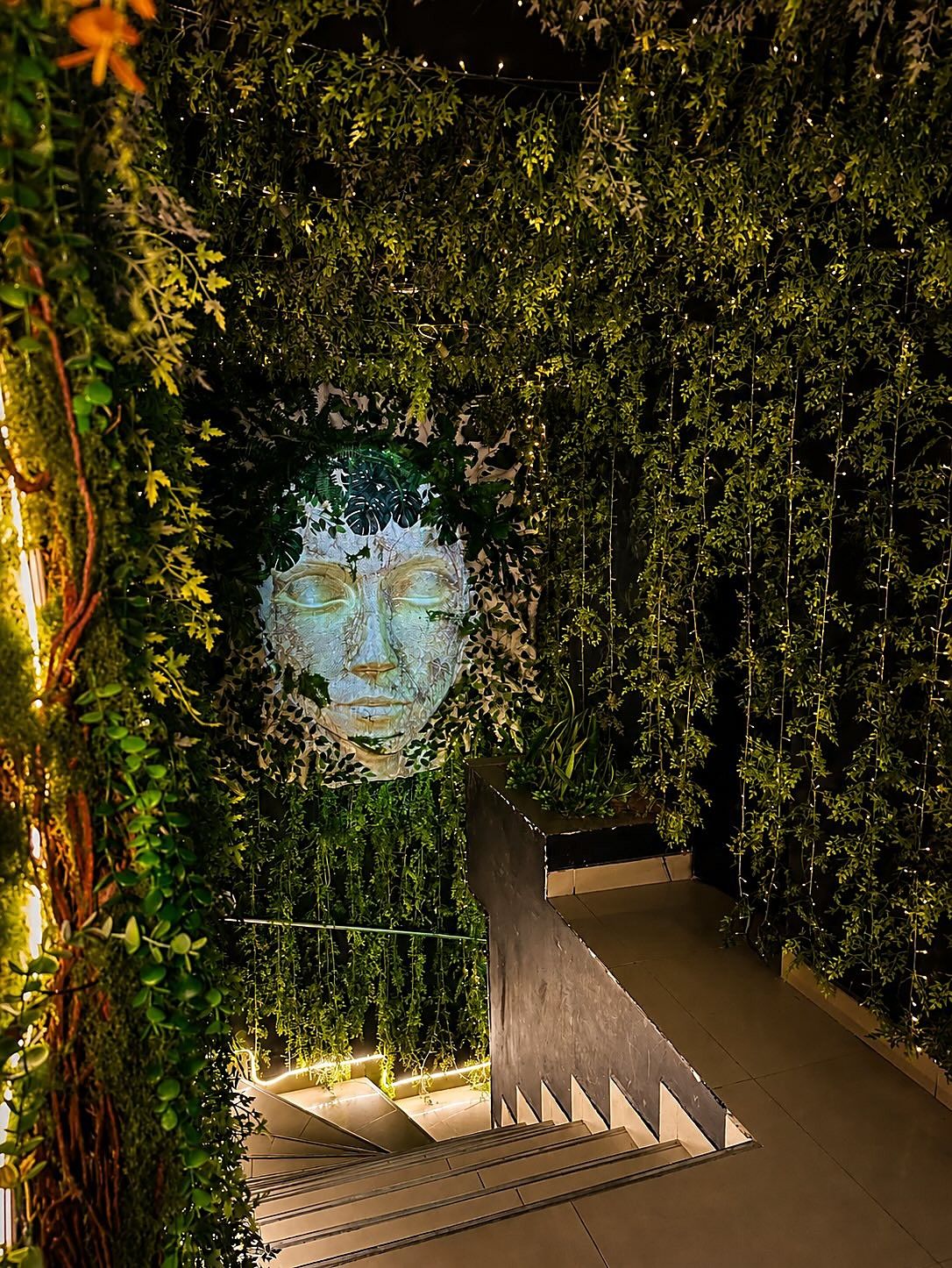 Escalera de Selva Negra entre paredes de plantas, con un rostro de piedra iluminado