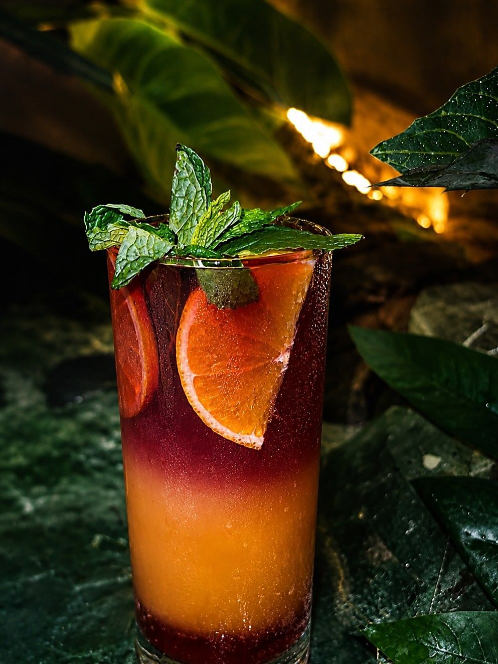 Cóctel Sangre de Sol entre hojas, con una rodaja de naranja y hierbabuena