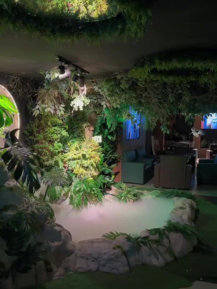La fuente de Selva Negra cubierta de neblina, entre rocas y plantas