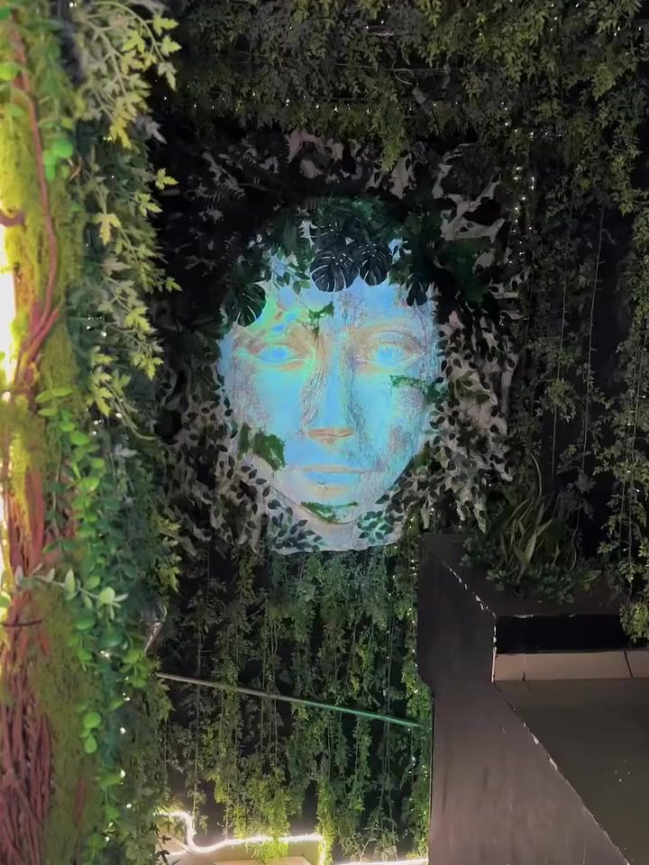 Rostro de piedra iluminado de azul en una pared cubierta de hojas, junto a la escalera de Selva Negra